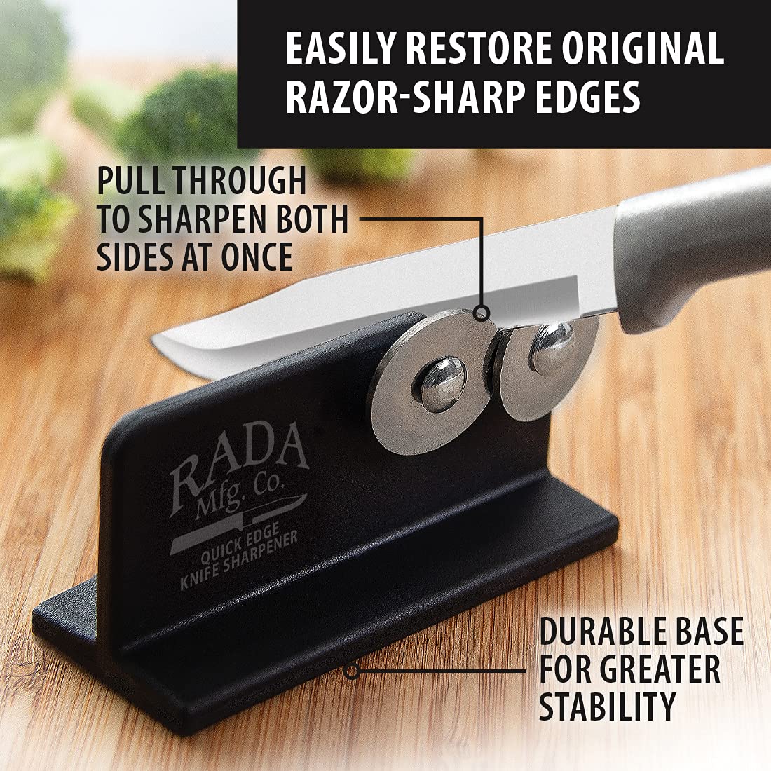Rada Quick Edge Sharpener nylon base provides stable support during sharpening