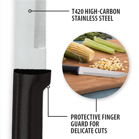 RADA Stubby Butcher Knife W206 durable black handle for dishwasher-safe use.