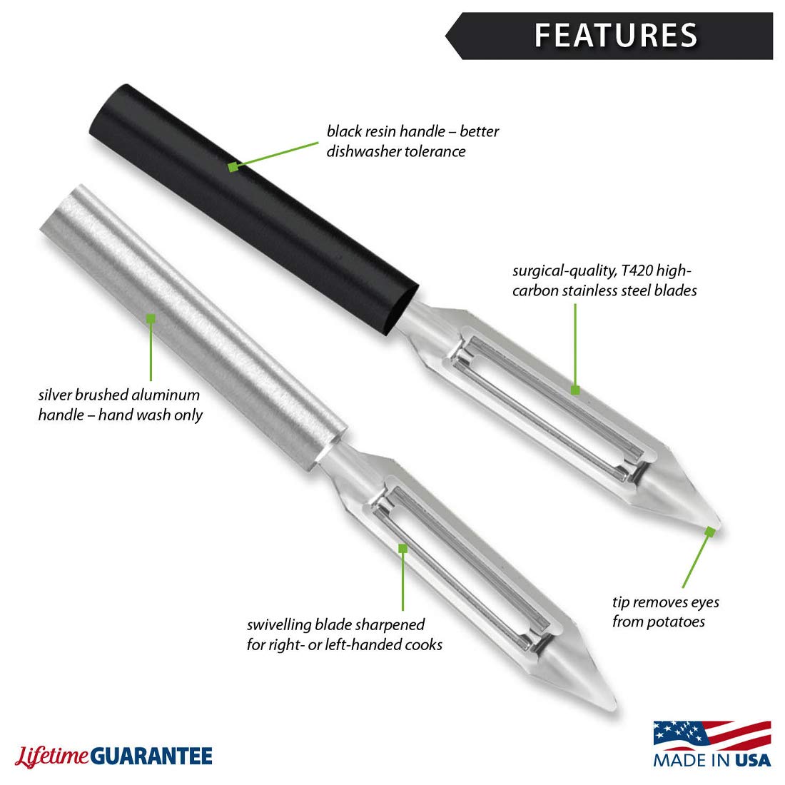 Rada peeler with silver handle for comfortable grip during prep.