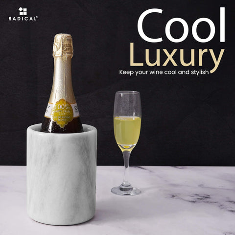 Radicaln marble wine chiller on bar setup enhances serving display.