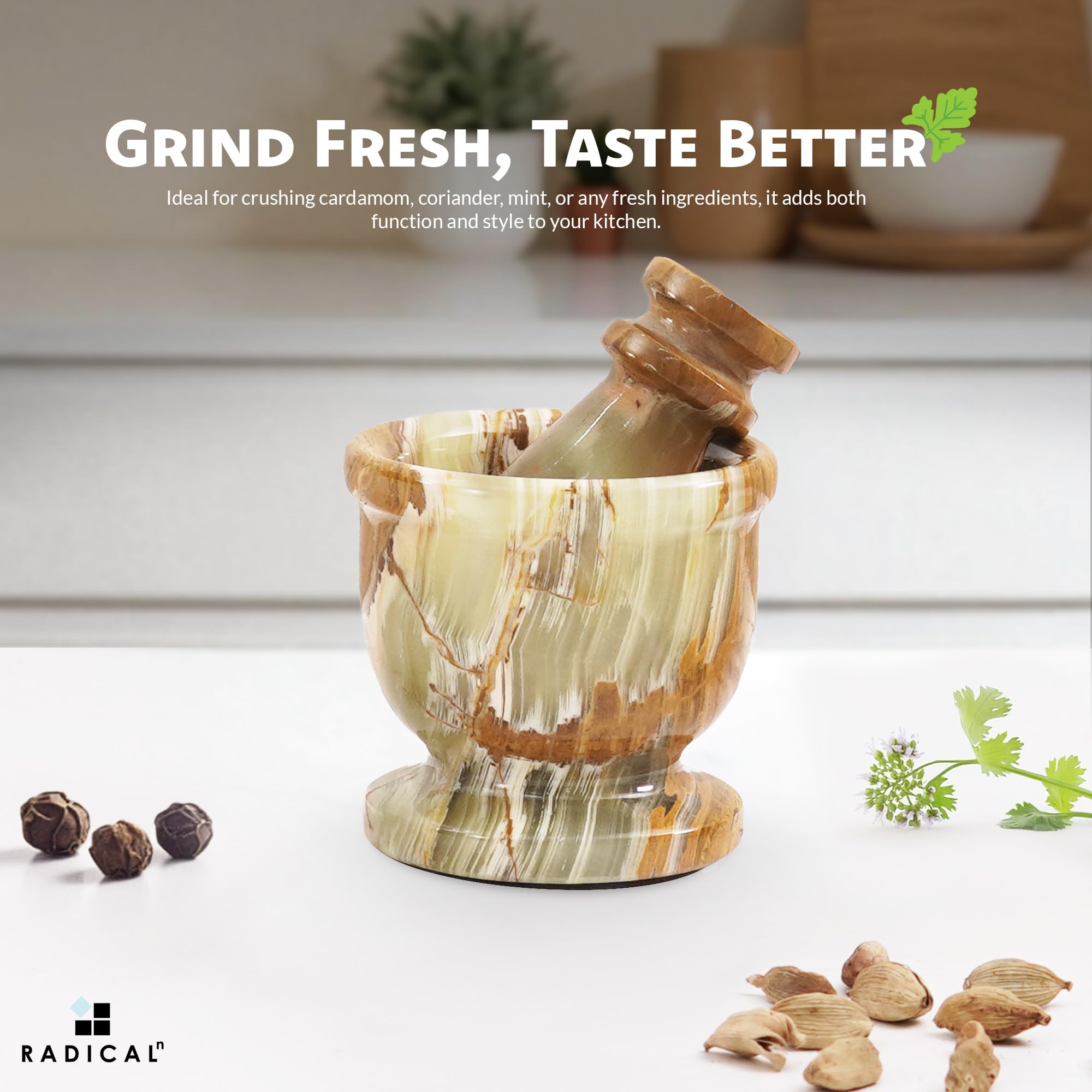 Radicaln spice grinder marble green for aromatic herbs and ground spices.