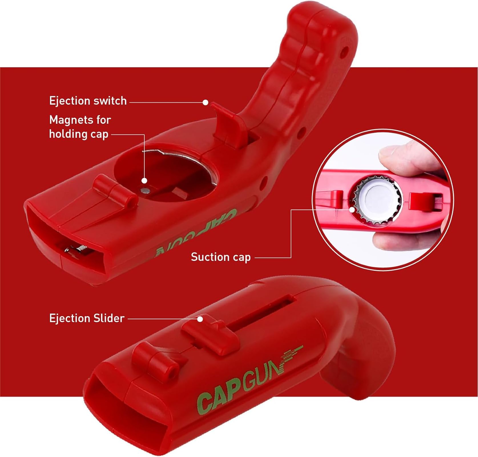 Radixium cap gun bottle opener in red for playful bottle opening