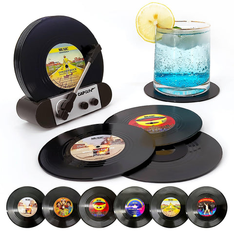 RADIXIUM Funny Retro Vinyl Record Coasters set of 6 with holder – protects surfaces with style