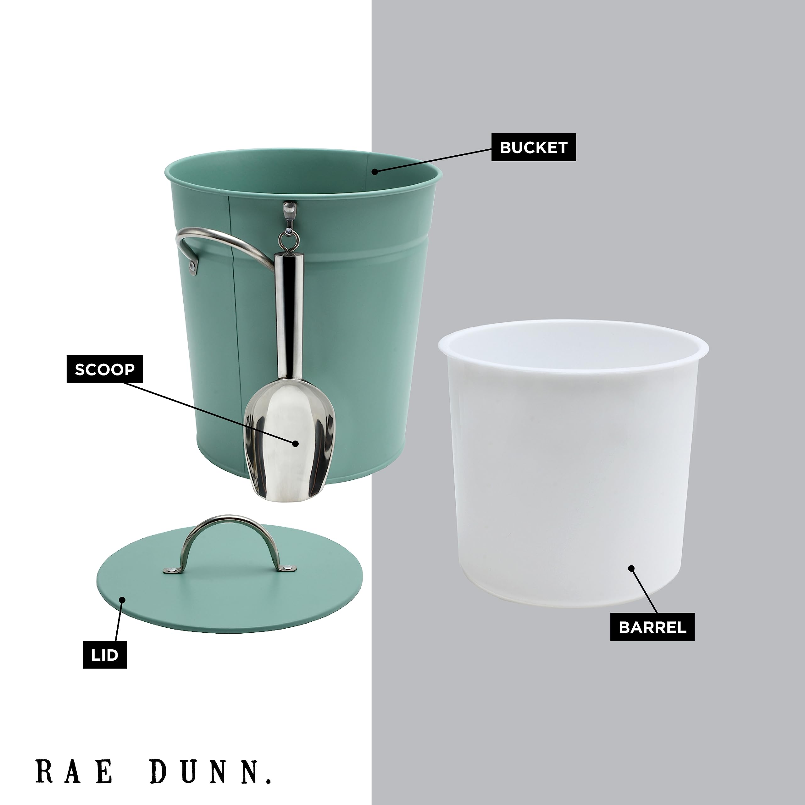 Rae Dunn ice bucket with lid and handle keeps ice organized and within reach.