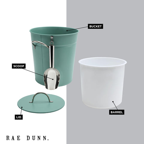 Rae Dunn ice bucket with lid and handle keeps ice organized and within reach.