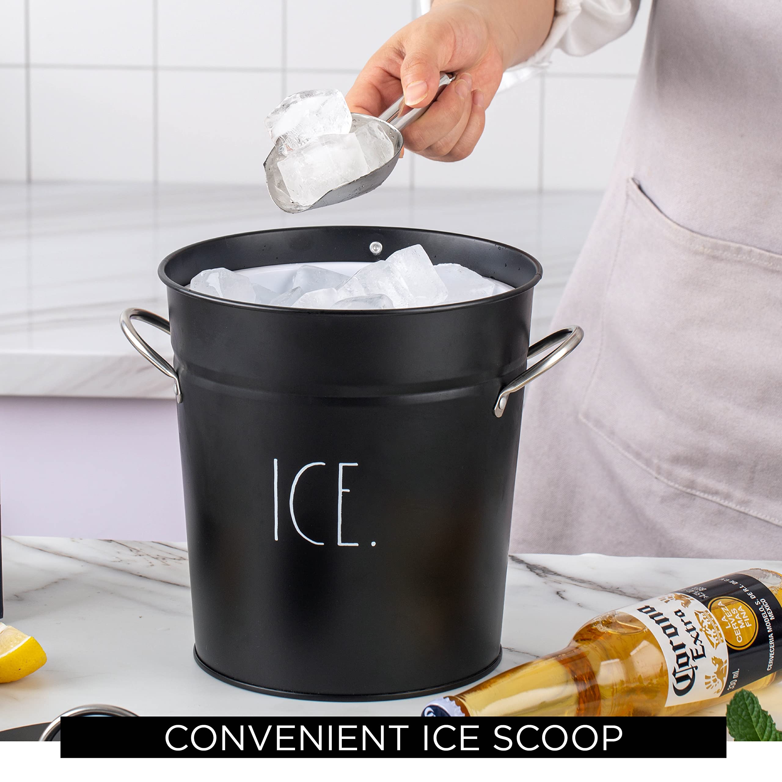 Close-up of Rae Dunn ice bucket's sleek black finish