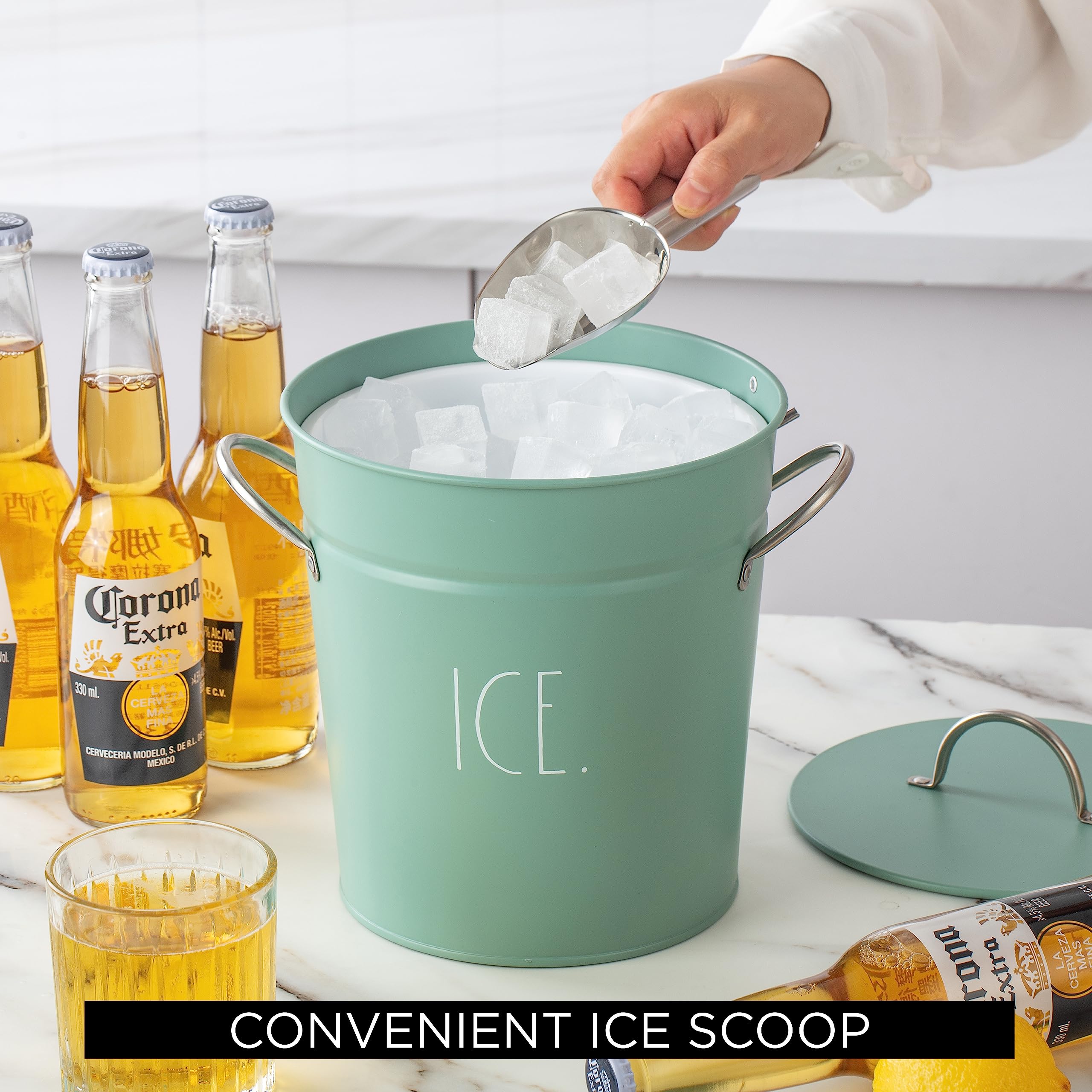 Rae Dunn ice bucket suits camping trips thanks to portable handle and lid.