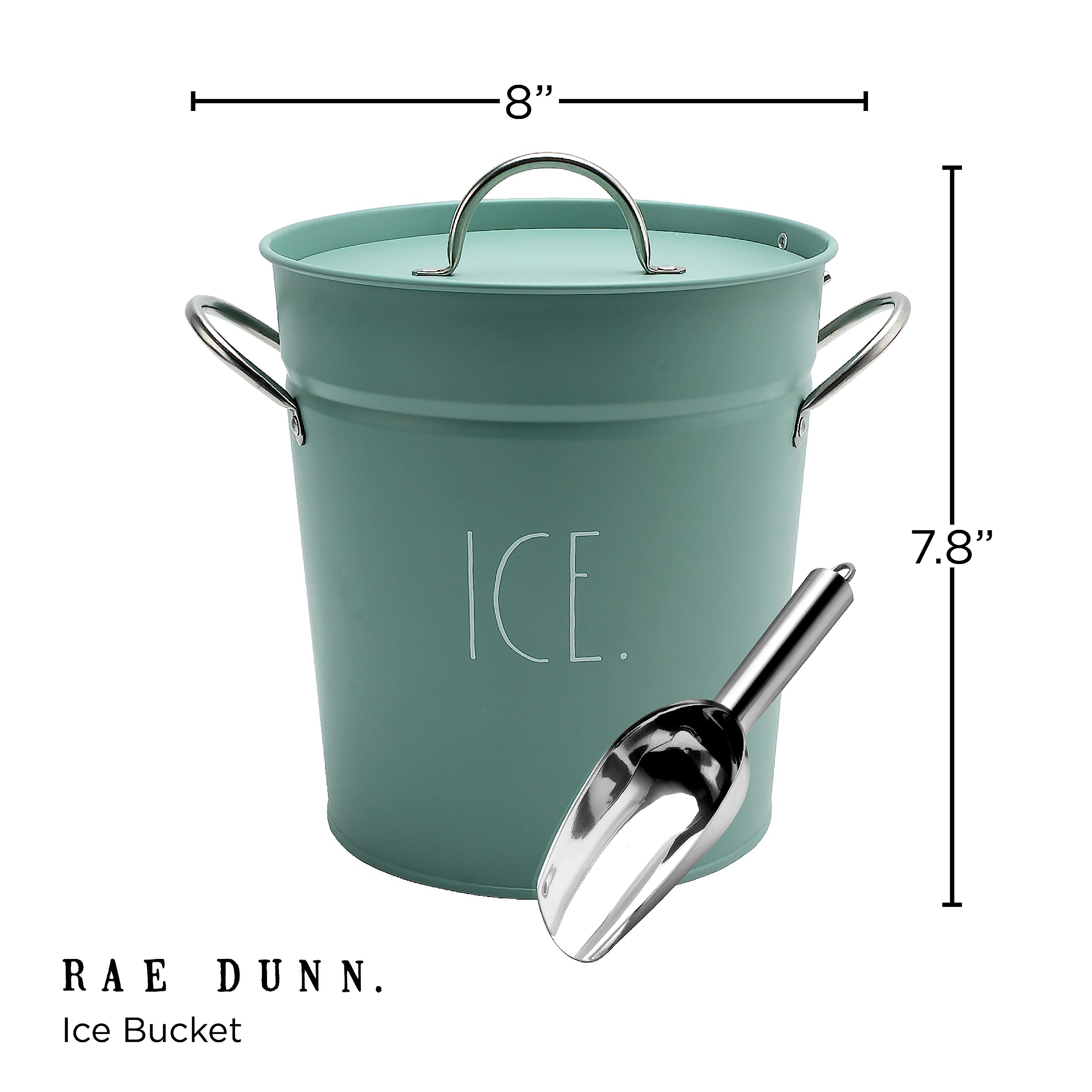 Rae Dunn stainless ice bucket with scoop offers easy access for quick refills.