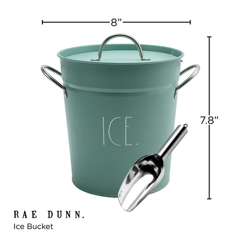Rae Dunn stainless ice bucket with scoop offers easy access for quick refills.