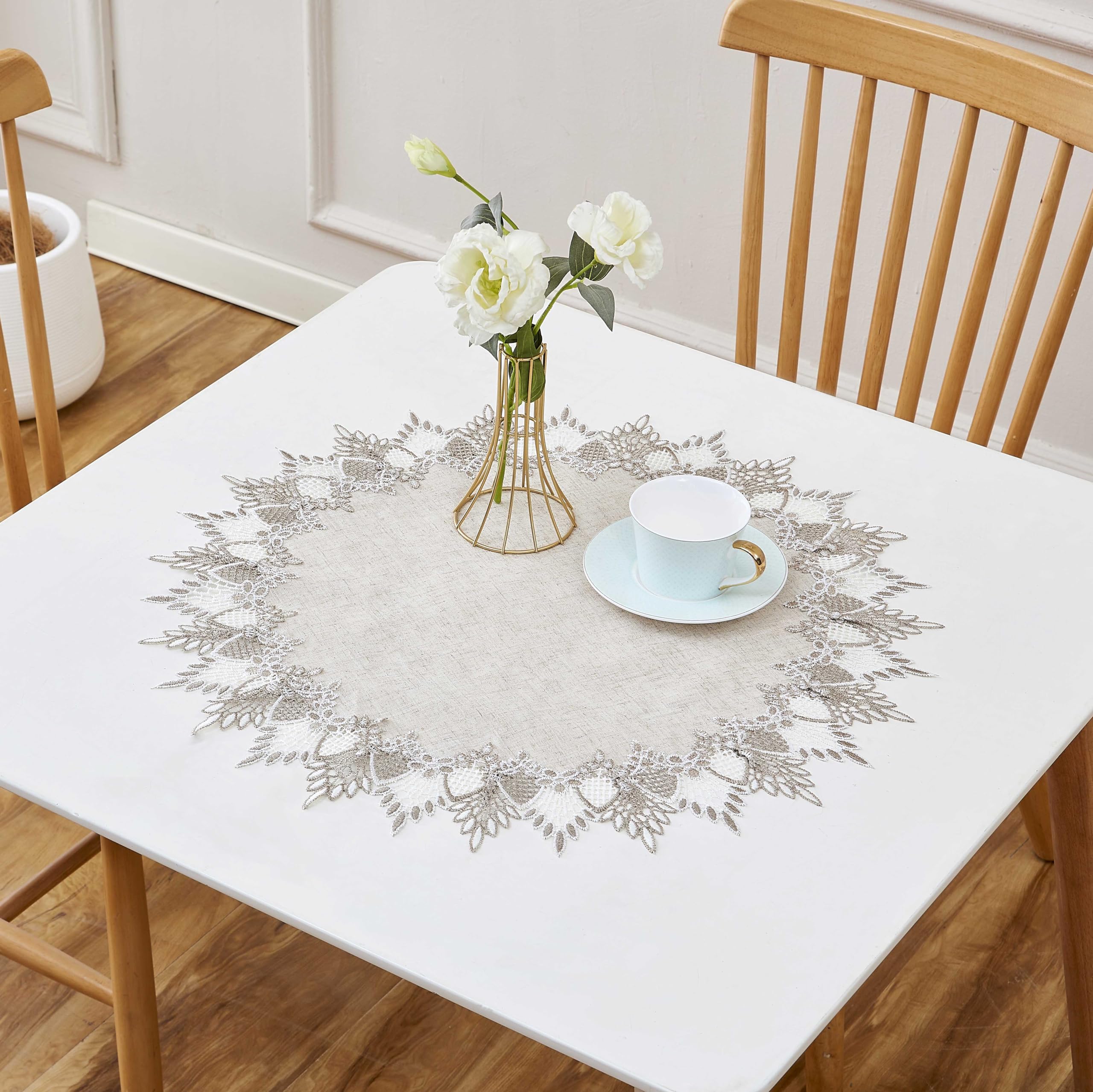 Raedan beige lace table topper in a 24-inch round shape for versatile decor