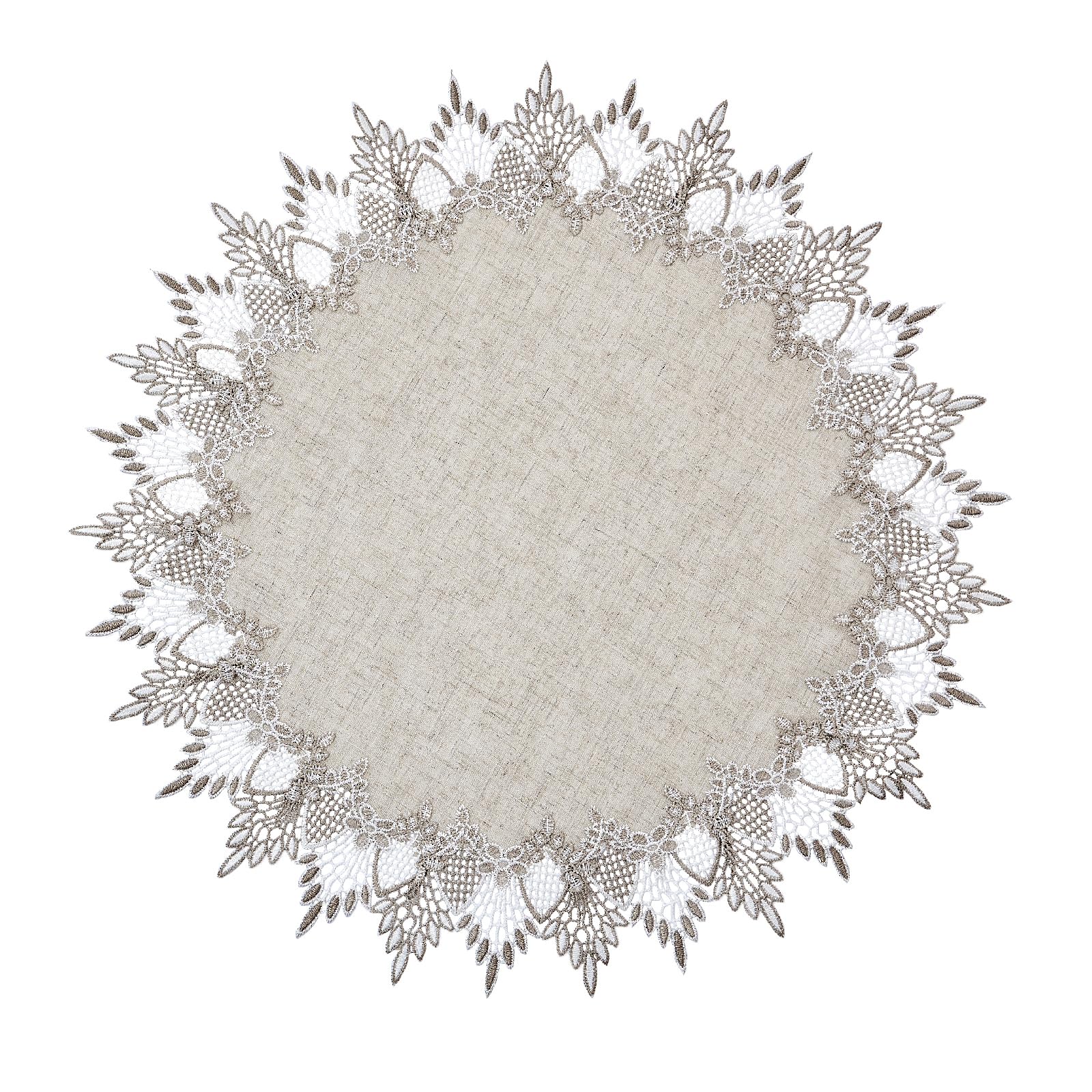 Raedan natural linen doily with beige lace for elegant coffee table protection