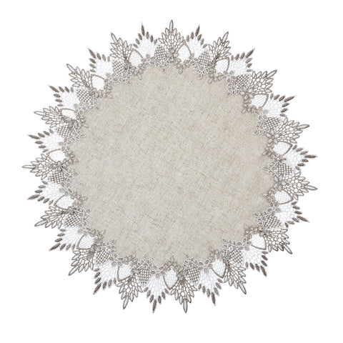 Raedan natural linen doily with beige lace for elegant coffee table protection