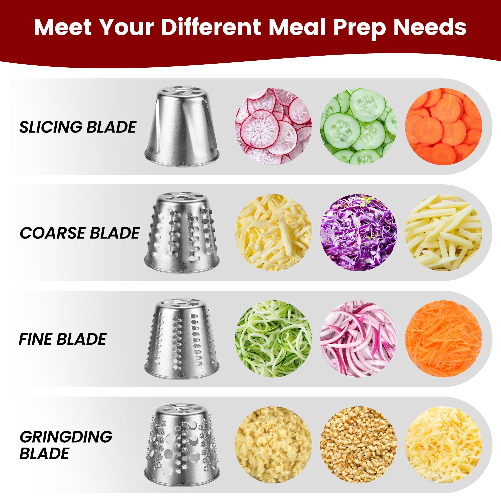 RAF BAR four-blade cheese grater attachment offering versatile shredding options.
