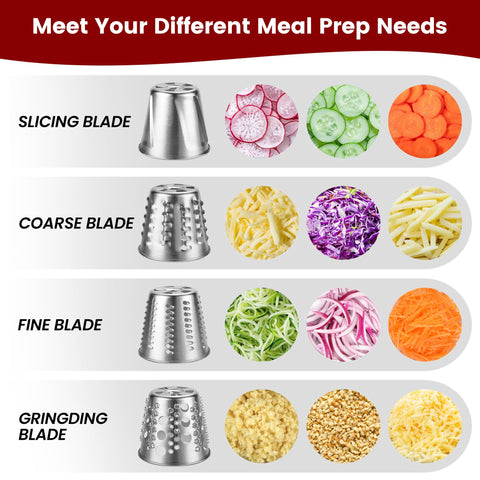 RAF BAR four-blade cheese grater attachment offering versatile shredding options.