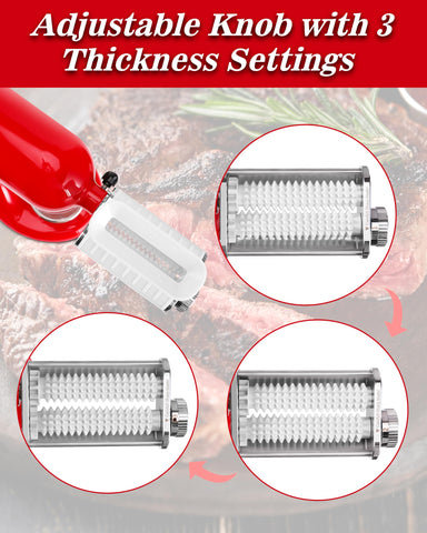 RAF BAR tenderizer in action on the mixer speeds prep and tenderizes steaks.