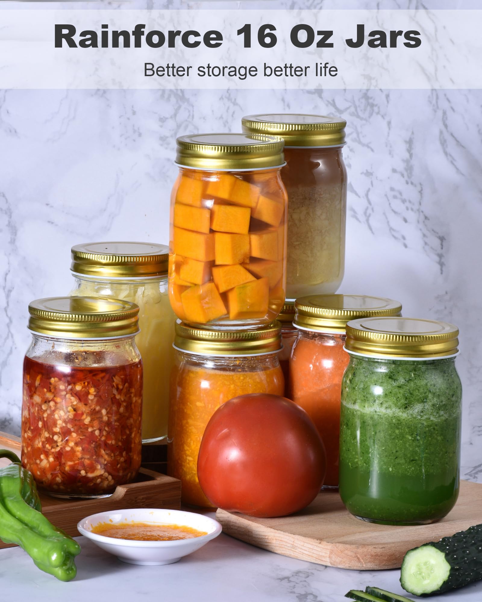 Rainforce 16 oz mason jar close-up highlights airtight gold lid and secure seal.