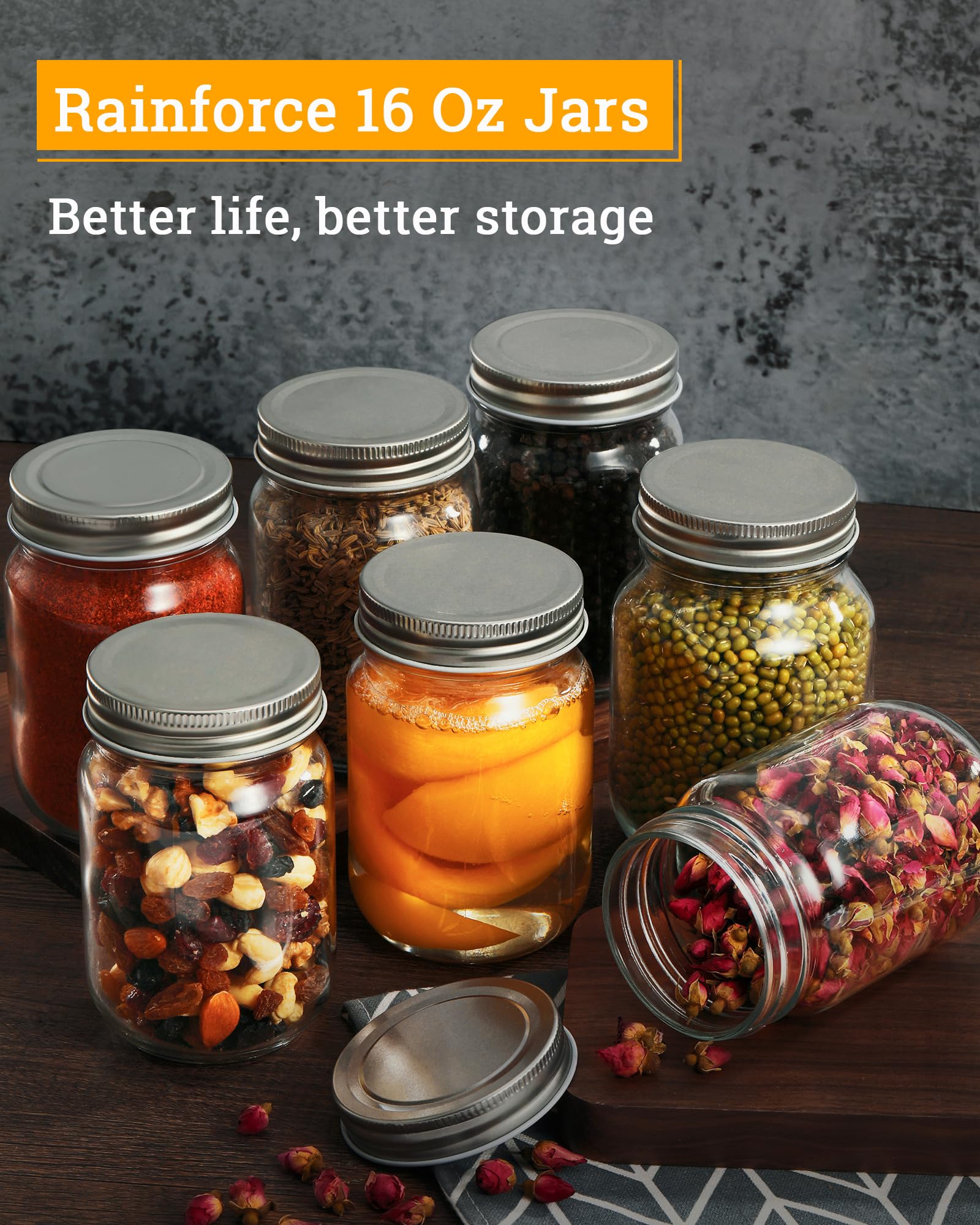 Rainforce 16 oz mason jar with lids close-up highlighting airtight seal for freshness