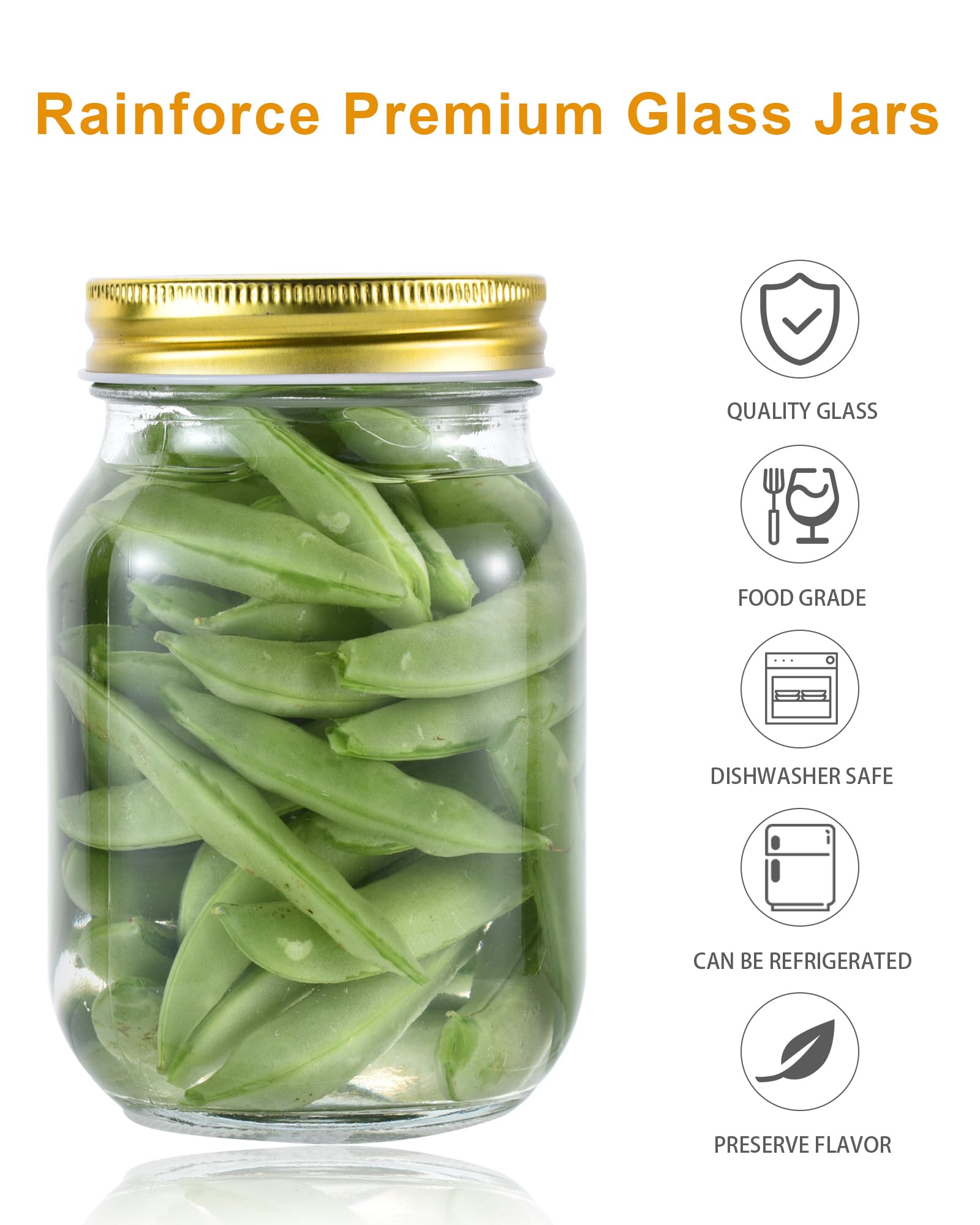 Rainforce regular-mouth jar demonstrates 2.5-inch opening for easy filling and cleaning.