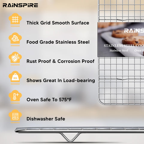 Rainspire oven-safe rack withstands up to 600°F for broiling, baking, and roasting.