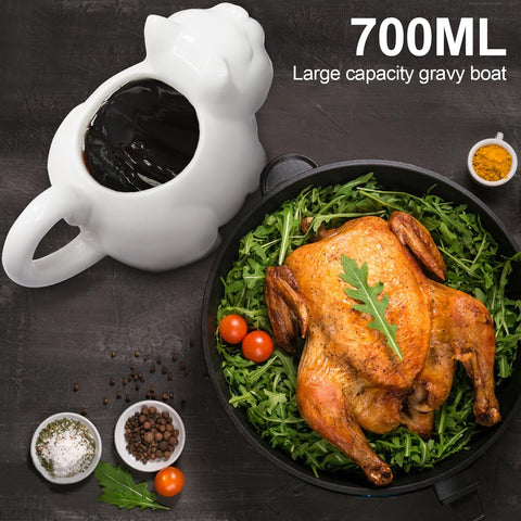 RAISLY cat gravy boat side-handle highlights ergonomic grip for easy pouring.