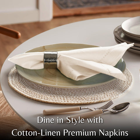 Ramanta Home napkins folded hero-shot highlights soft cotton flax texture.