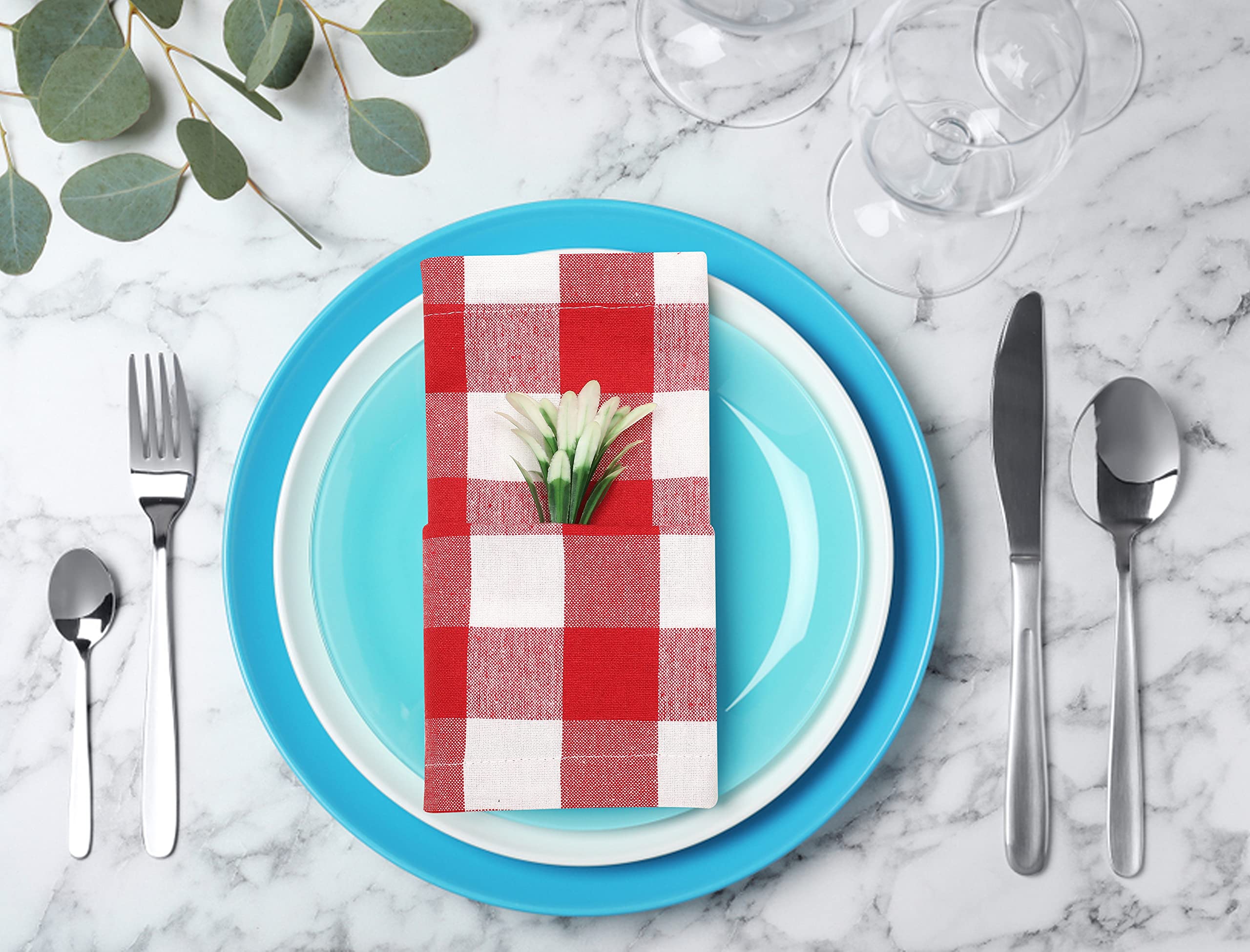 Ramanta Home table setting with gingham napkins demonstrates versatile everyday use.