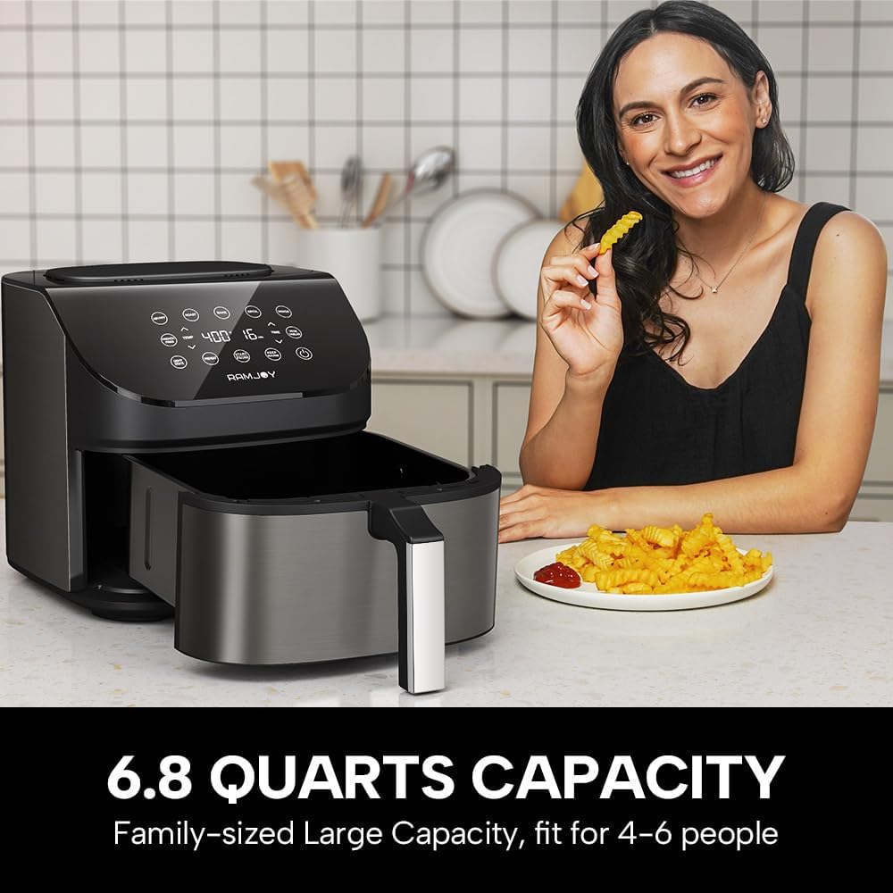 RAMJOY Air Fryer 6.8 Qt demonstrates full chicken capacity for weeknight dinners