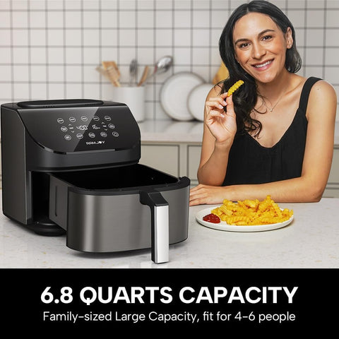 RAMJOY Air Fryer 6.8 Qt demonstrates full chicken capacity for weeknight dinners