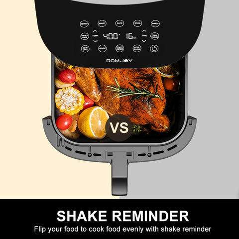 RAMJOY Air Fryer stainless steel housing adds a sleek kitchen aesthetic