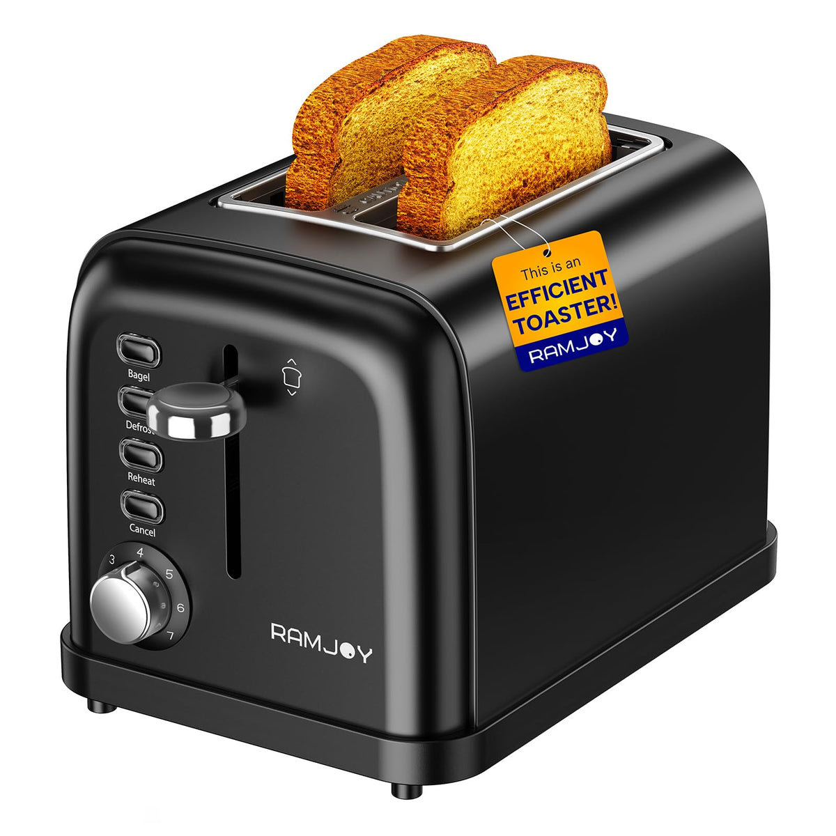 RAMJOY Black Toaster 2-Slice front view showing extra wide slots for bagels and bread