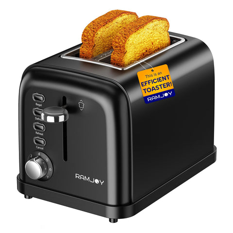 RAMJOY Black Toaster 2-Slice front view showing extra wide slots for bagels and bread