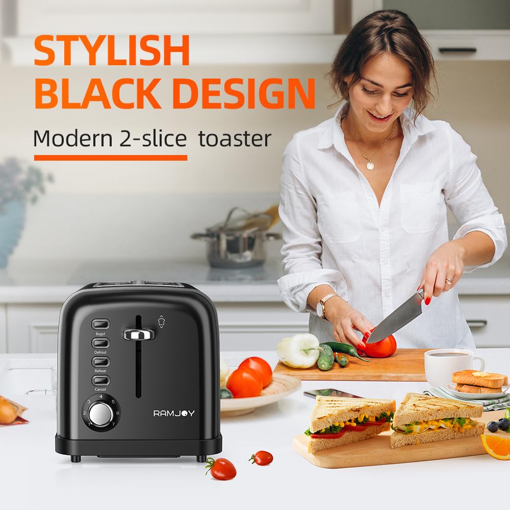 RAMJOY Black Toaster 2-Slice side view highlighting compact footprint on kitchen counter