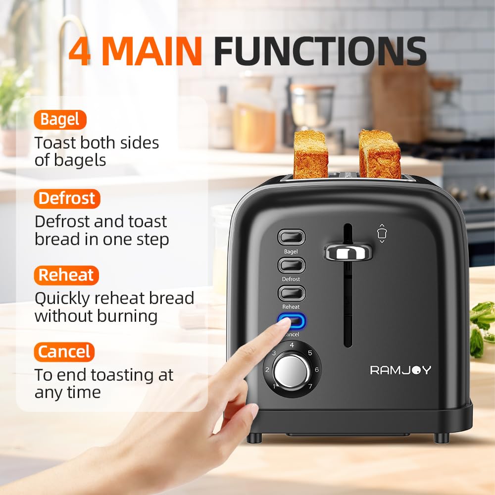 RAMJOY Toaster slot close-up with extra-wide 1.45-inch slots for versatile bread