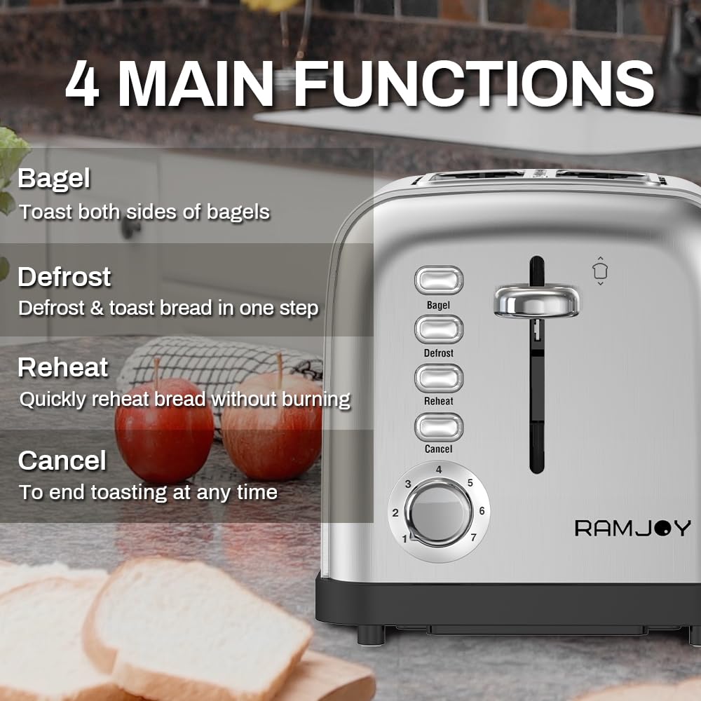 RAMJOY Toaster control panel highlighting Bagel, Defrost, and Reheat functions.
