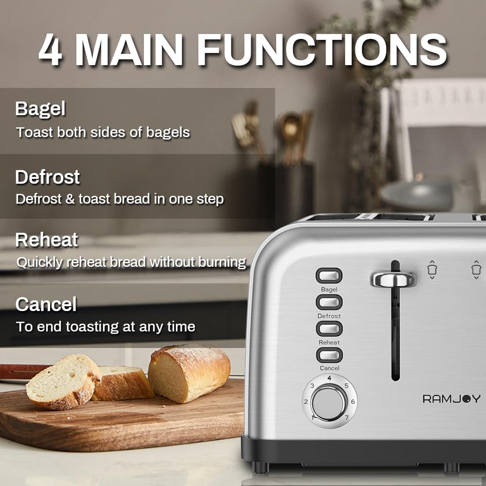 RAMJOY Toaster bagel toasting mode delivers even crusts on halves.