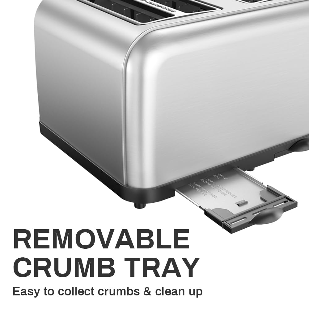 RAMJOY Toaster removable crumb tray for easy cleanup after toasting.
