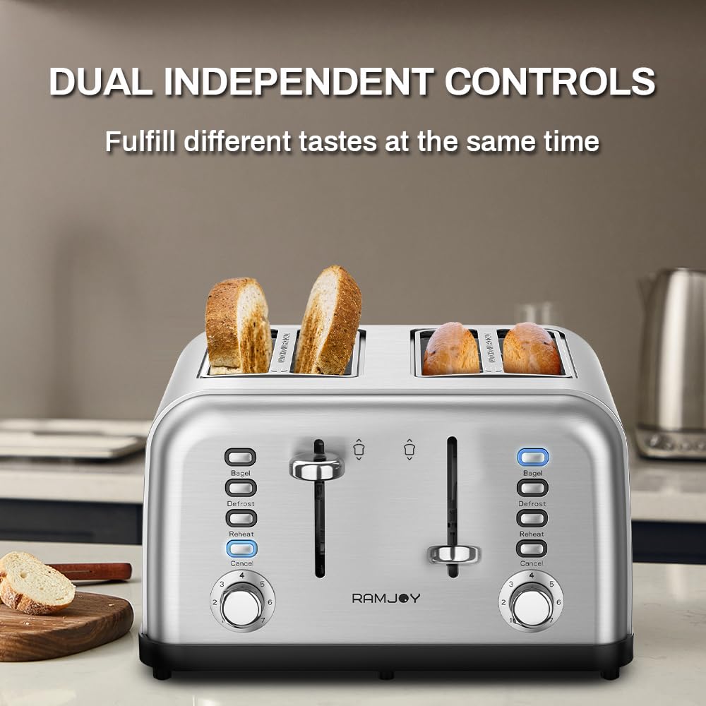 RAMJOY Toaster dual independent controls enable simultaneous different toasting.