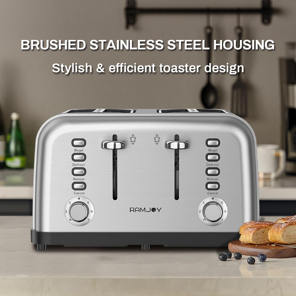 RAMJOY Toaster shows extra-wide slots ideal for thick bread and bagels.