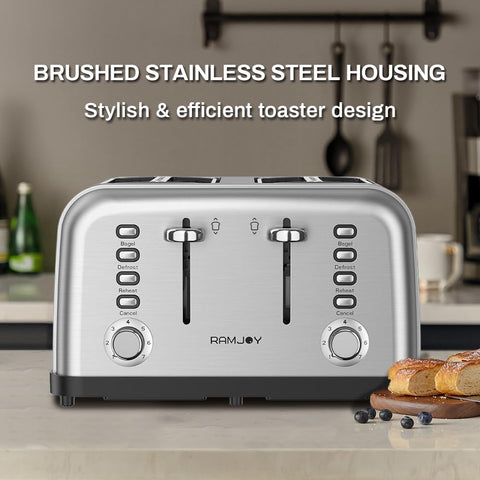 RAMJOY Toaster shows extra-wide slots ideal for thick bread and bagels.