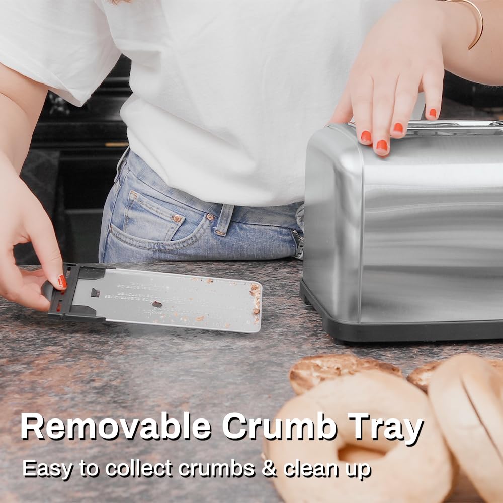 RAMJOY Toaster removable crumb tray for easy cleanup after breakfast.