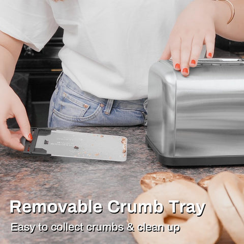 RAMJOY Toaster removable crumb tray for easy cleanup after breakfast.