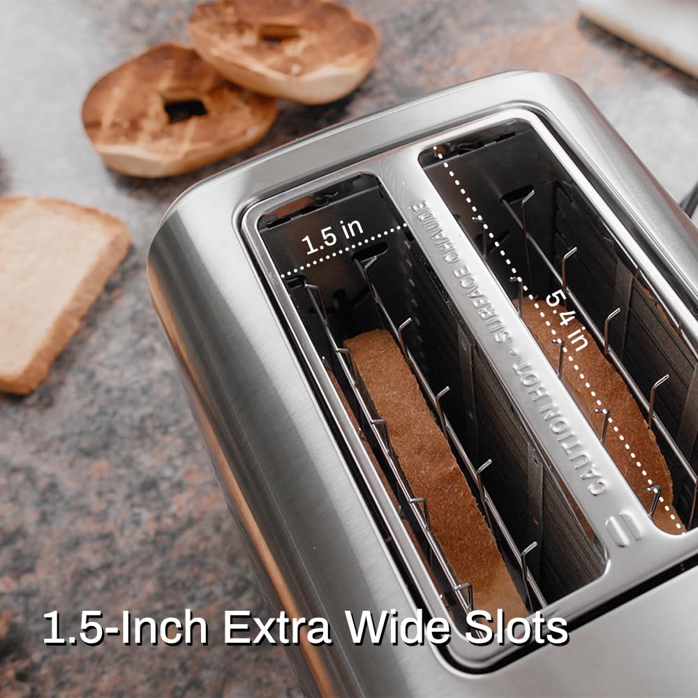 RAMJOY Toaster slot width one-point-four-five-inch for thicker bread and waffles.