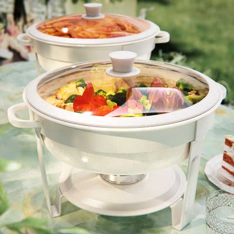 RAMVIC Maifanite coated chafing dish 2-pack setup showcases upscale buffet presentation and heat retention.
