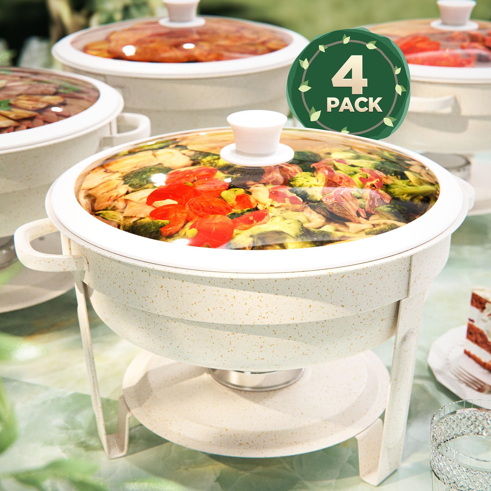 RAMVIC Maifanite-coated chafing dish 4-pack with natural, stone-inspired finish.