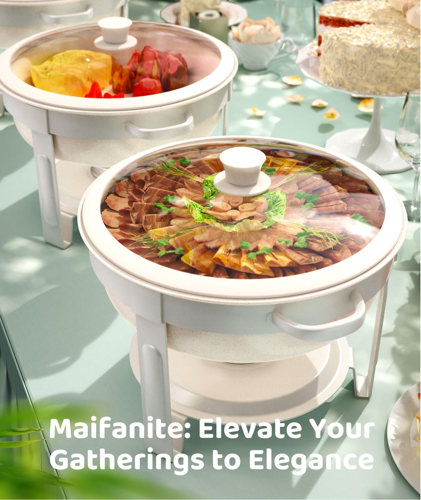 RAMVIC chafing dish Maifanite lid closeup highlights moisture control features.