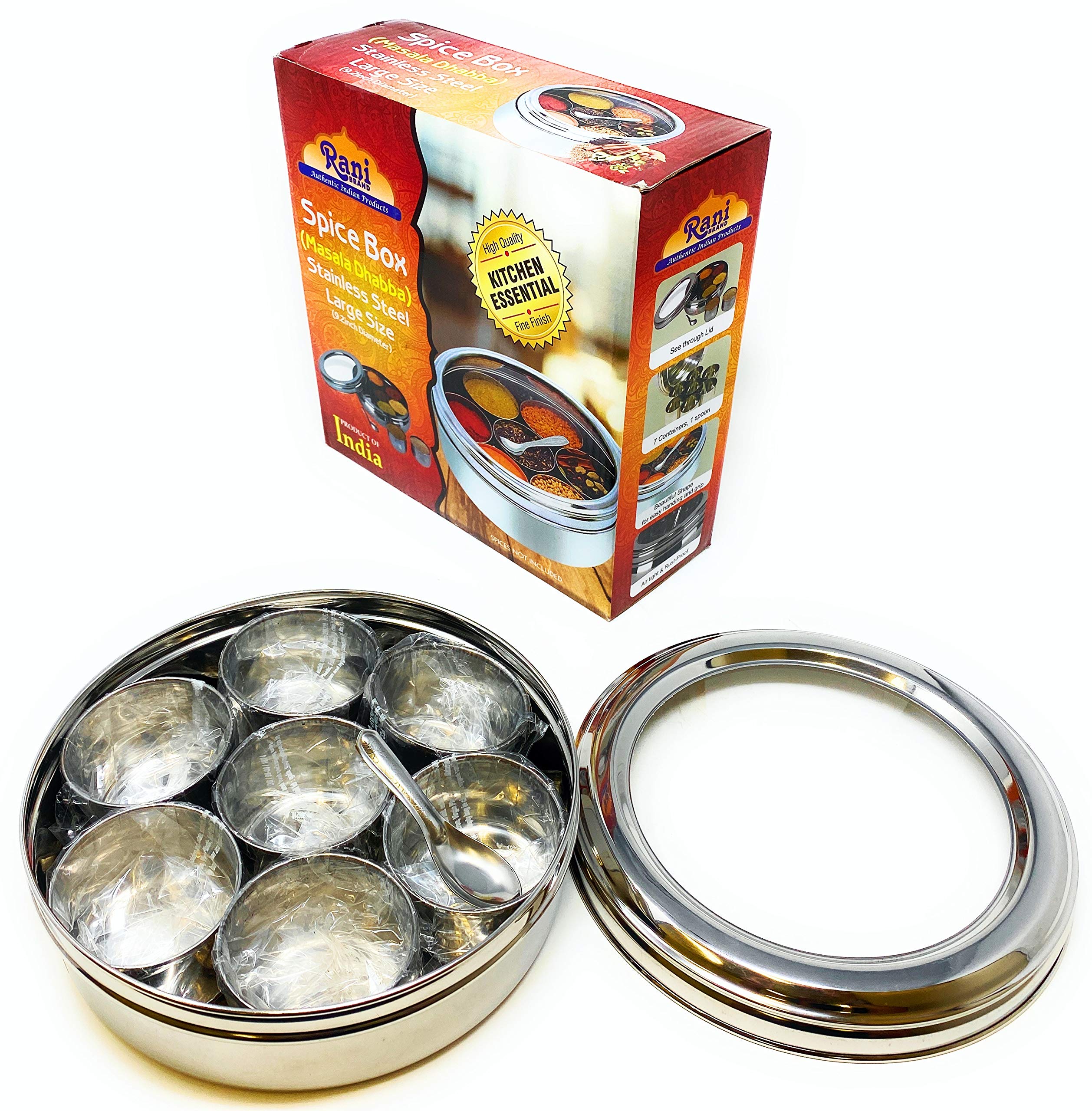 Rani Spice Box with seven compartments keeps spices organized and accessible.