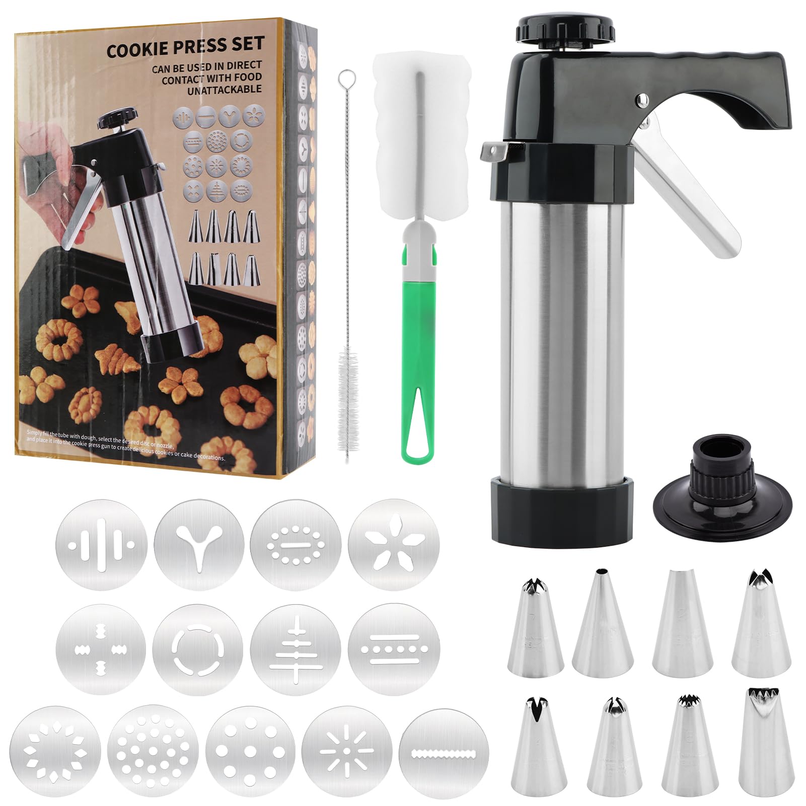 Ranjaner cookie press gun kit with nozzles enables creative shapes for festive cookies.