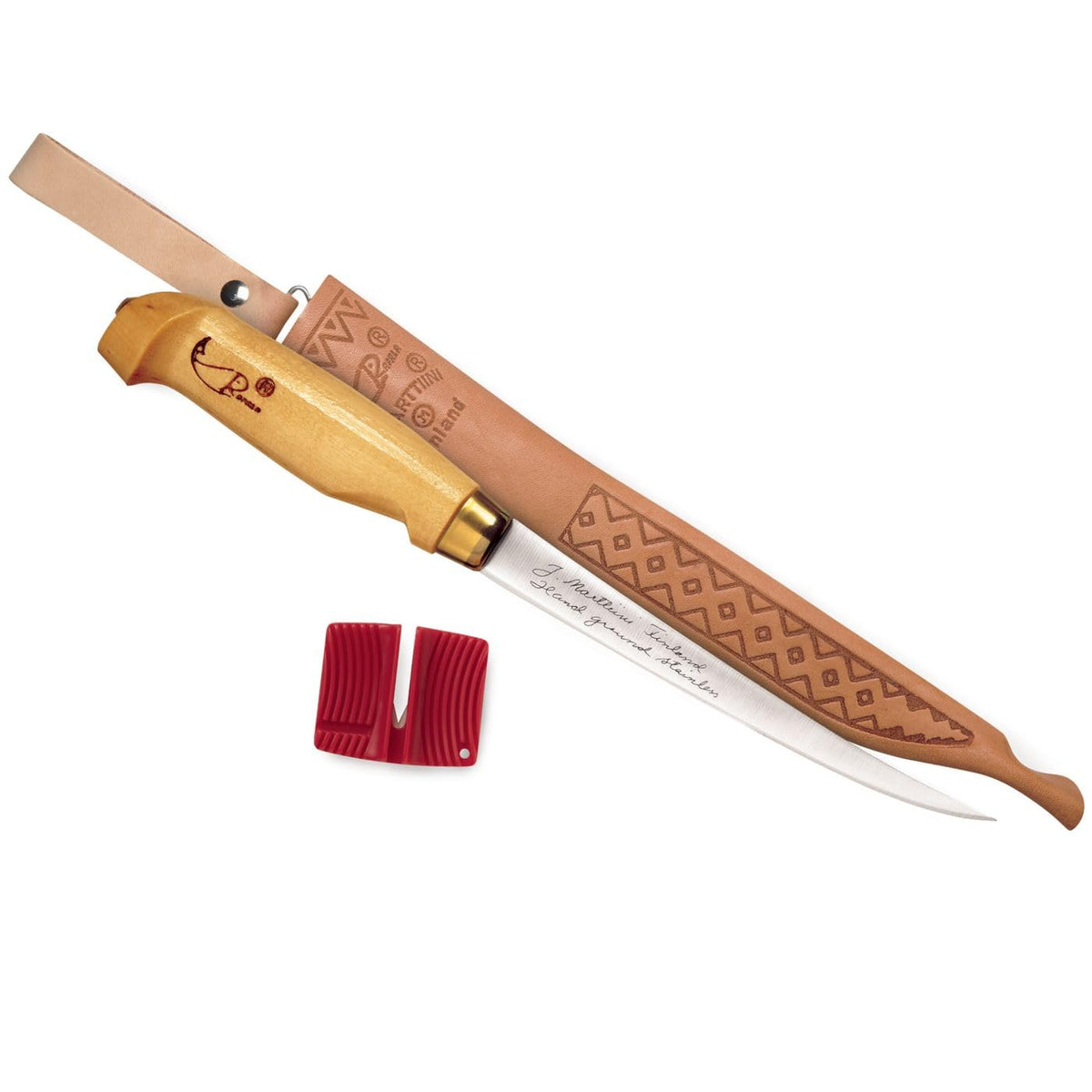 Rapala Fish'n Fillet Knife with birch handle and leather sheath for precise filleting