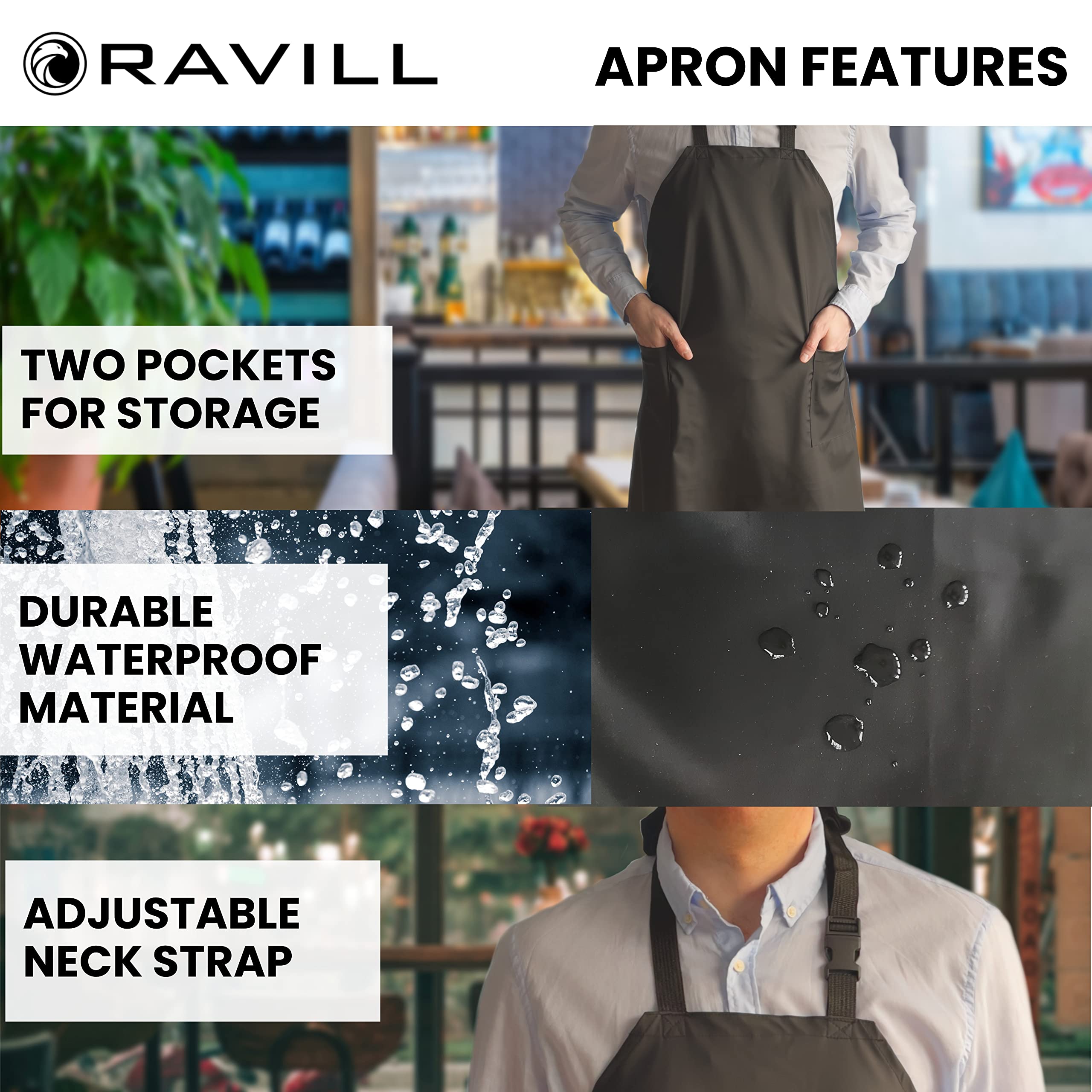 Ravill adjustable neck buckle apron demonstrating a comfortable fit