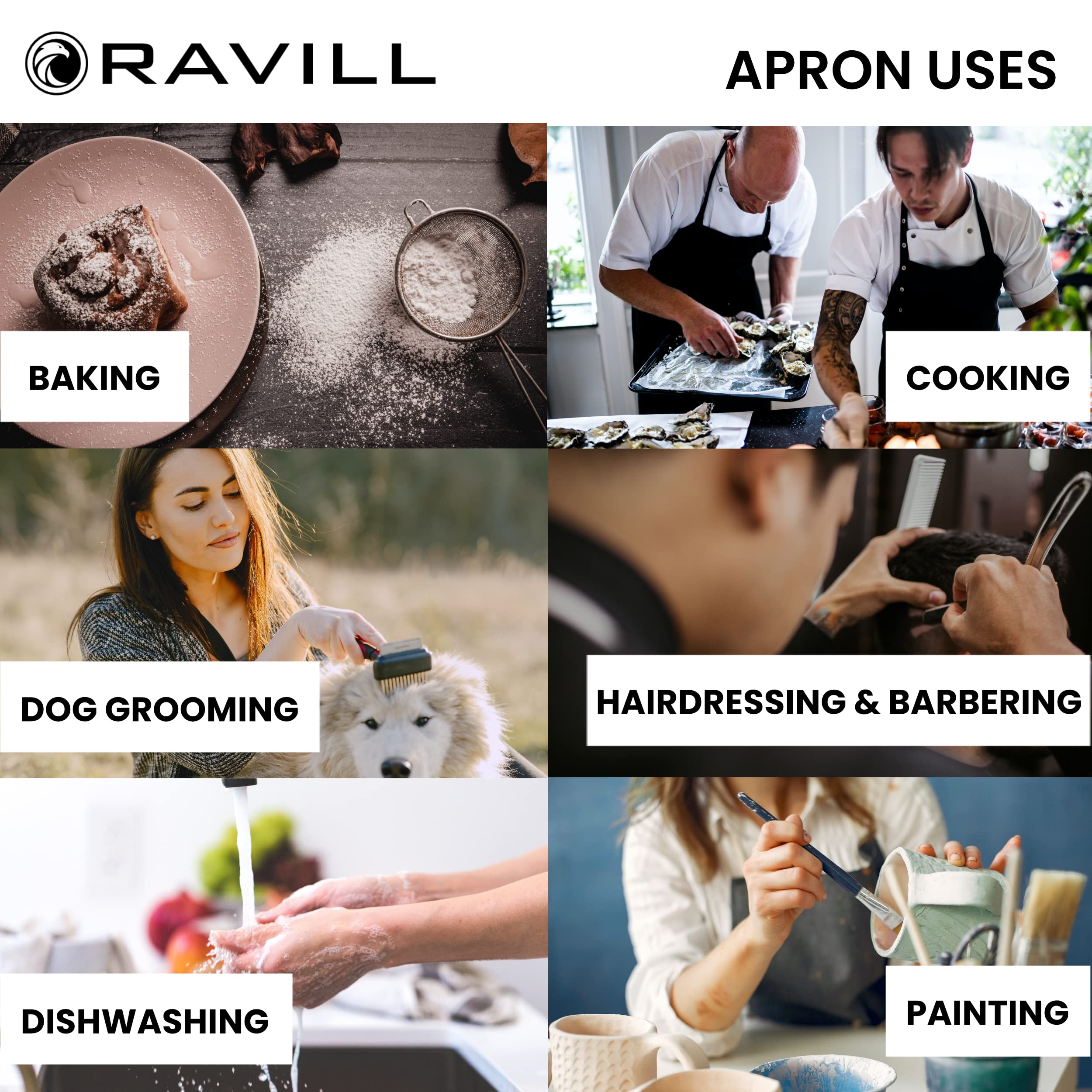Ravill oil and water resistant apron protecting clothing during cooking and cleaning